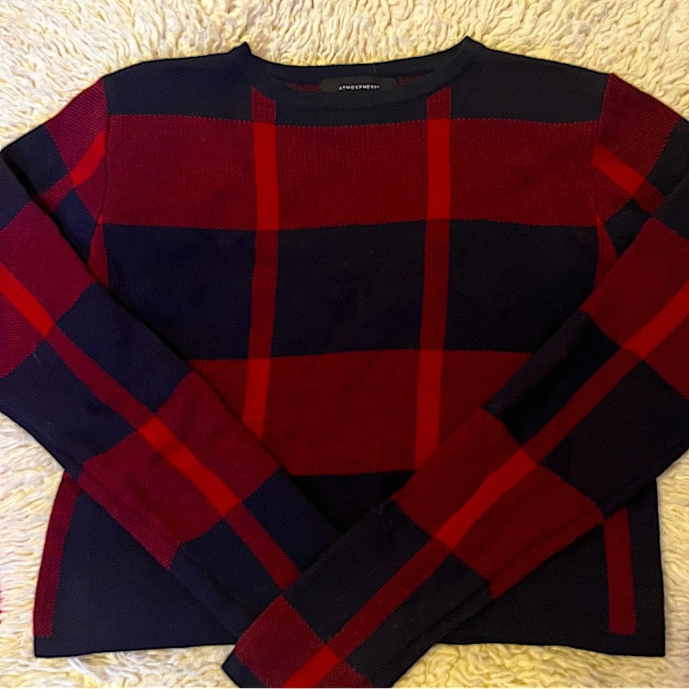 Crewneck Plaid Sweater - Red & Navy